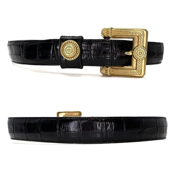Vintage Brighton Belt Size XS/S Black Crock Embossed Leather Chunky Gold Buckle main image 11